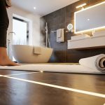 Woman feet on a floor in a modern bathroom, 3d rendering